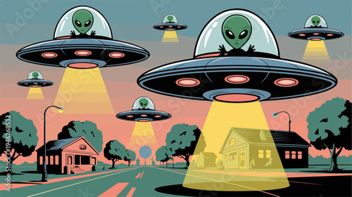 Vintage cartoon vector illustration of ufos abducting a house in a suburban neighborhood at sunset with aliens