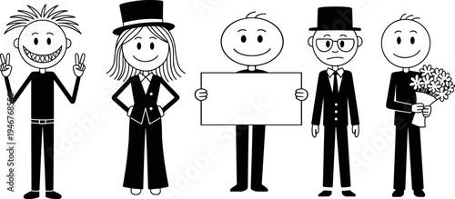 Funny cartoon people characters set smiling man woman holding sign flowers quirky stick figures flat vector illustration collection
