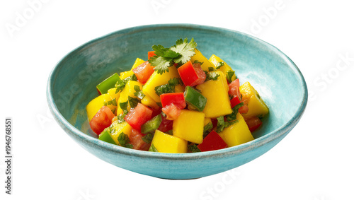фотографія Isolated fresh vibrant mango salsa with diced peppers and cilantro in a turquoise bowl