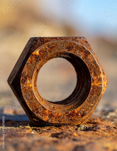 A close-up view of a rusty, hexagonal nut. Its weathered surface shows orange-brown hues. The central hole is a deep, dark shadow
