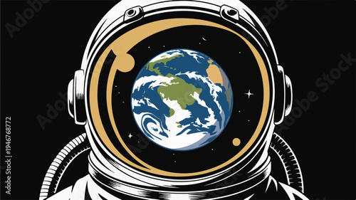 Astronaut wearing helmet with earth reflection space exploration concept black background vector illustration