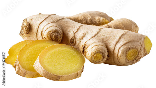 Isolated fresh ginger root and aromatic healthy slices, cooking ingredient or natural spice