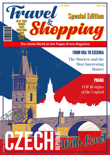 Travel and Shopping Magazine Fake Cover. Czech Republic with Love. Czechia Attraction Praha George Bridge Panorama Illustration. Czech Flag, Vector Template for Touristic Illustrations, Posters, Cover