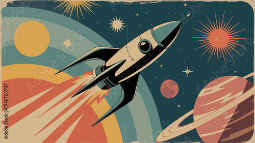 Vintage inspired rocket ship soaring through a vibrant cosmic landscape with planets and stars