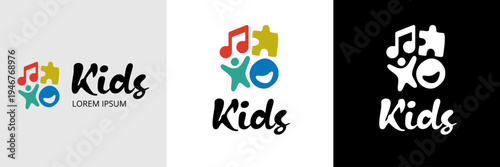 Kids education logo with music note, puzzle and happy child icon