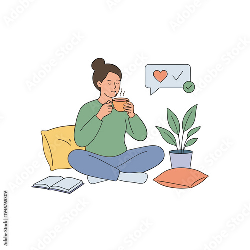 Woman sits cross-legged indoors with a cup, surrounded by a book, pillows, and a plant, showing a heart symbol.