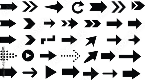 Collection of black directional arrows and symbols pointing in various directions on a white background