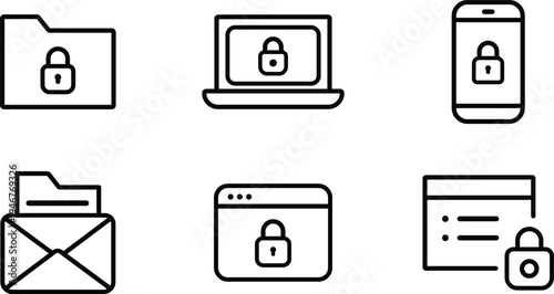 Collection of security icons representing data privacy and digital protection across devices and communications