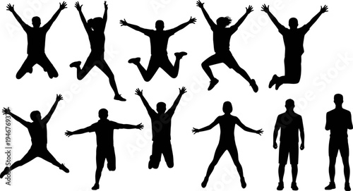 jumping people silhouette set happy jumping men and women celebration action isolated black figures flat vector illustration collection