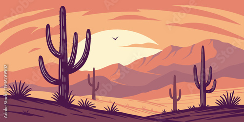 USA, US, U.S, United States - Saguaro National Park Giant Cactus Desert Sunset Panorama | Glowing Sky Southwestern Landscape Wall Art Poster | Arizona Scenic USA Nature Print