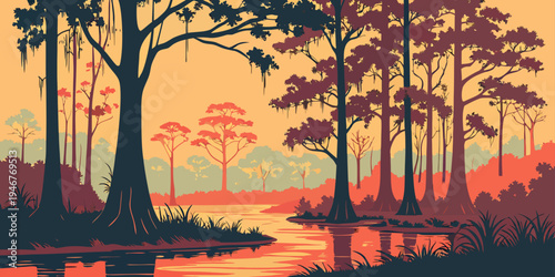 USA, US, U.S, United States - Congaree National Park Swamp Forest Sunrise Panorama | Reflective Water Wetland Landscape Wall Art Poster | South Carolina Scenic USA Nature Print