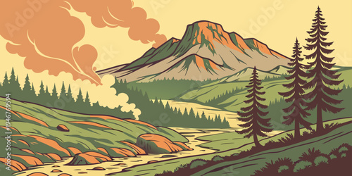 USA, US, U.S, United States - Lassen Volcanic National Park Steaming Geothermal Mountains Sunrise Panorama | Dramatic Volcanic Landscape Wall Art Poster | California Scenic USA Nature Print