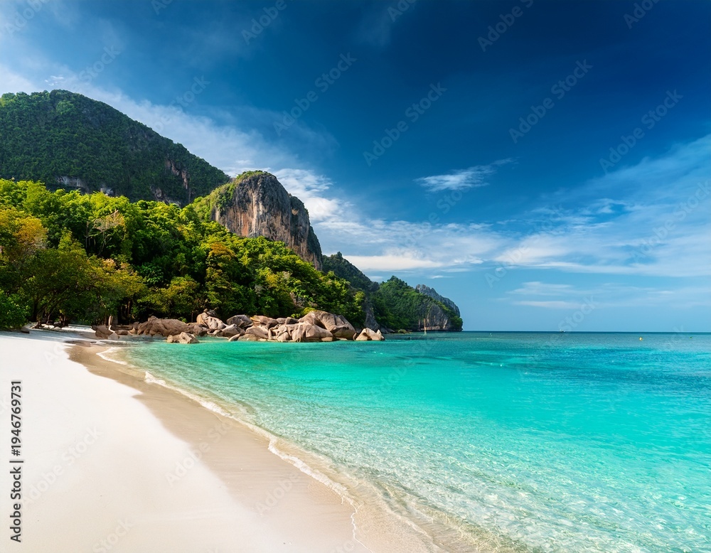 Obraz premium tropical island beach in thailand with turquoise sea water white sand and rock mountains under a summer sky