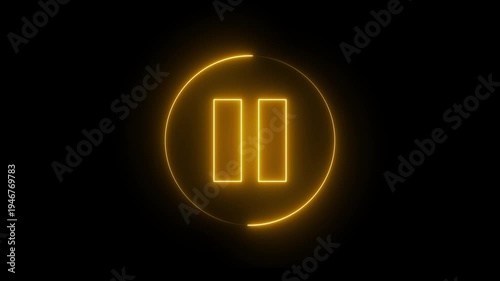 Glowing neon media player pause icon animation video and audio play stop control circle pause button sign symbol on black background