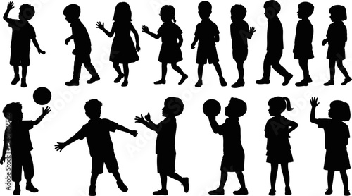 kids children silhouette set playing walking waving ball activity isolated black figures collection childhood flat vector illustration