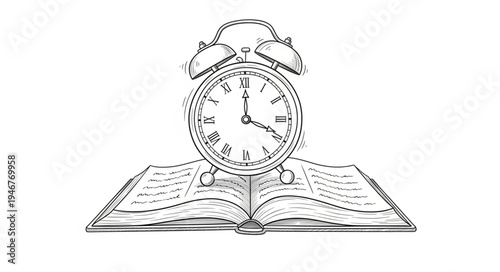Alarm clock on open book sketch concept of time and knowledge.