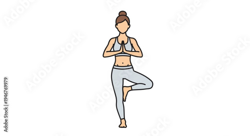 Woman practicing yoga tree pose on white background.