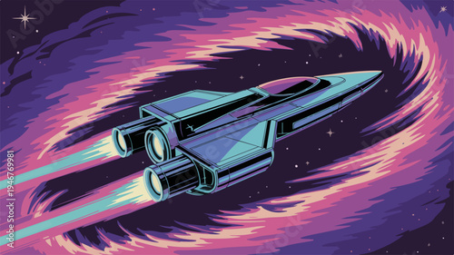 Sleek spaceship zooms through vibrant purple and pink cosmic background with blue engines firing