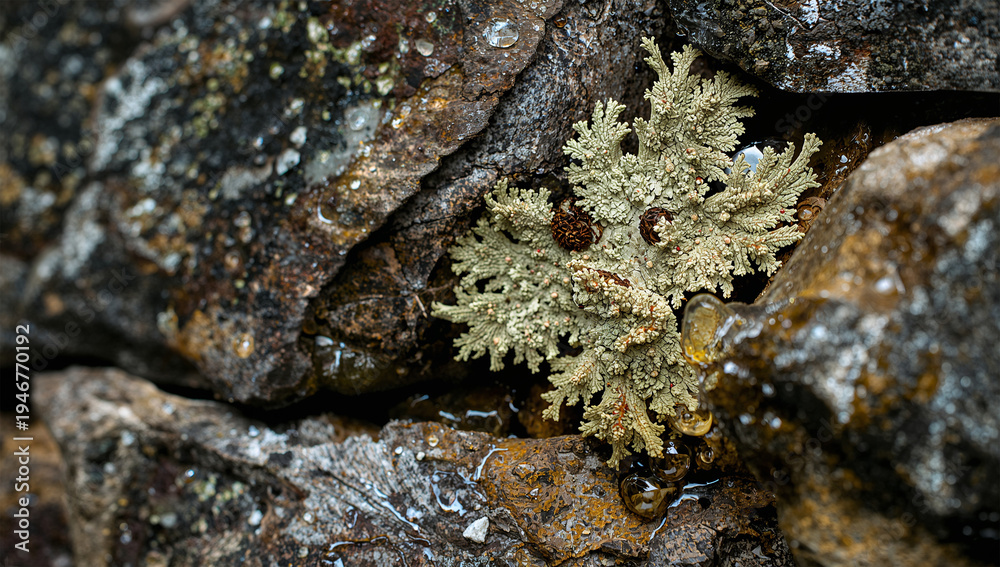 Obraz premium 石垣の暮らしの生態、乾いた地衣類が雨で緑に戻る呼吸の記録