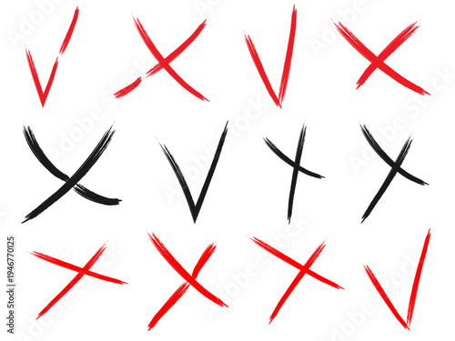 Hand drawn brush stroke cross mark and checkmark set. Doodle cross, ban, refusal. Marker sketch. Strikethrough text and important objects. Stock vector illustration isolated on white background.