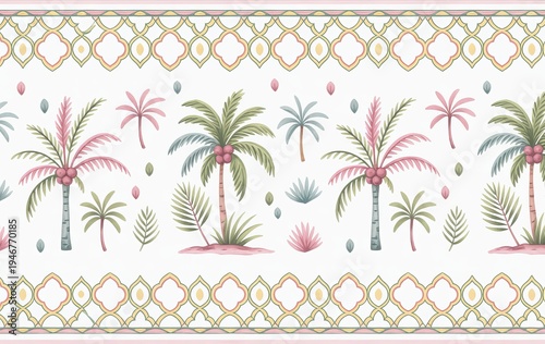 A seamless pattern of stylized palm trees and tropical foliage in pastel colors with a decorative border