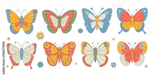 A set of eight retro style decorative butterflies in yellow blue orange and coral with floral accents