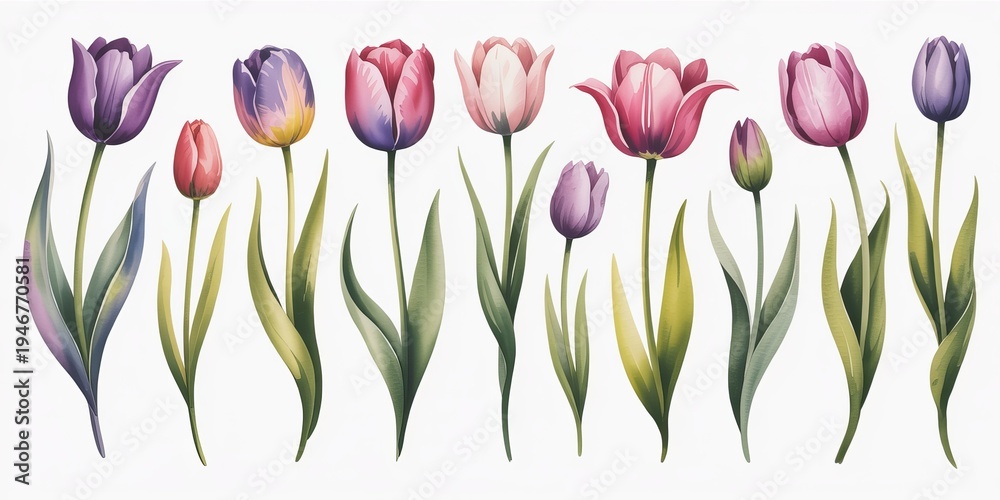 Fototapeta premium Nine watercolor tulips in shades of purple pink and red with green stems and leaves on a white background