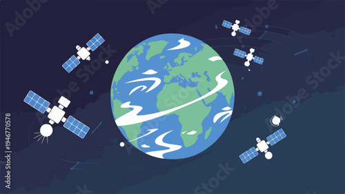 Earth from space with orbiting satellites in a dark blue background illustrating global connectivity and technology