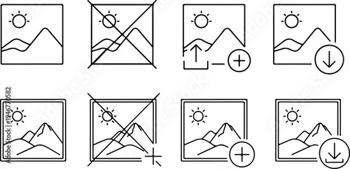 Thin Line Photo Gallery Icon Set. Image, Album, Add, Delete and Download Photo Symbols with Editable Stroke.eps