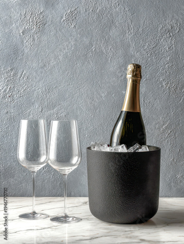 Elegant bottle chilled in ice bucket accompanied by two tall empty wine glasses on marble surface with textured gray wall background for celebration or dining