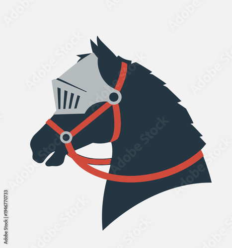 Illustration of a horse's head wearing a knight's helmet and bridle.
