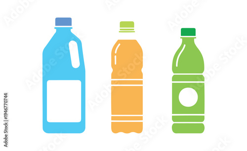 Assorted liquid food plastic bottle icons, simple flat vector illustrations isolated on white.