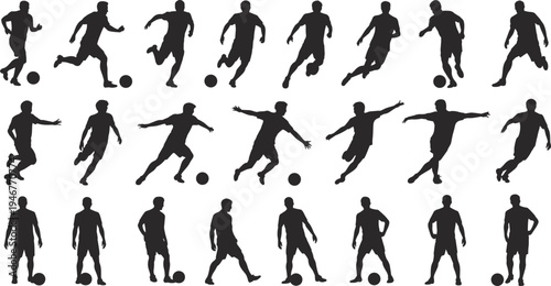 Soccer player silhouettes set football athletes dribbling kicking running poses sport action black vector illustration isolated collection