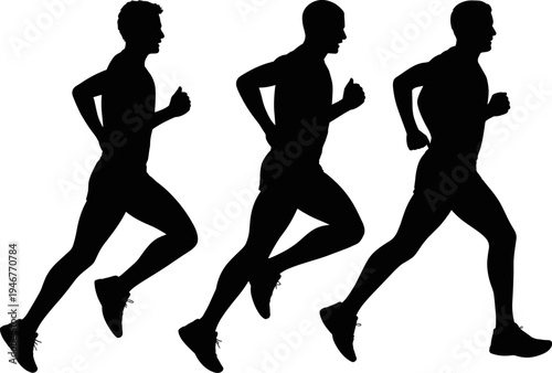 Running man silhouettes jogging athlete motion fitness training sport activity isolated black runner figures flat vector illustration set