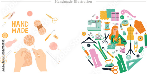 Handmade Knitting Sewing Flat Illustration Cottagecore Craft DIY Art Set