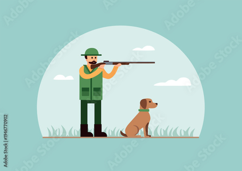Flat vector illustration of a hunter in green gear holding a shotgun with a loyal brown hunting dog sitting by his side. Minimalist outdoor hunting scene with grass and clouds on a blue background.