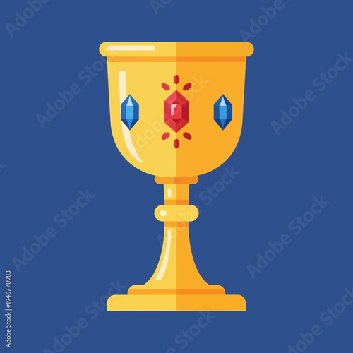 Close-up of a colorful, pixelated trophy with gemstones on a blue background.