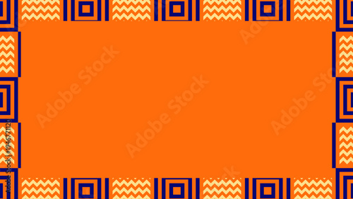 Vibrant Orange Background with Geometric Blue and Yellow Patterned Border Frame, Ideal for Cultural or Festive Design Projects and Invitations