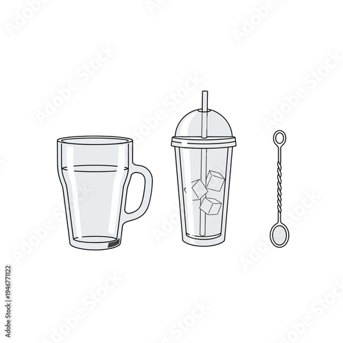 Collection of modern drinkware icons a mug, a travel cup with a straw and ice, and a bar spoon