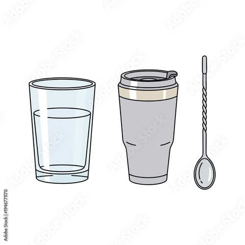 Simple illustration of a glass of water, travel mug, and spoon, representing refreshing drinks and on-the-go beverages in a minimalist style