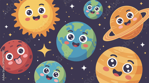 Cheerful cartoon planets and sun smiling in space with stars celestial bodies in a friendly astronomical scene