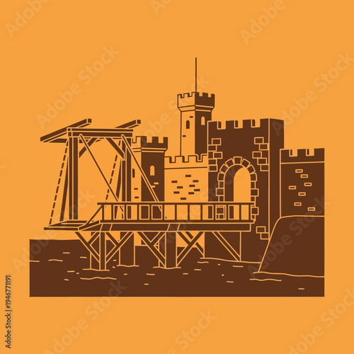 Illustration of a medieval castle with a wooden drawbridge and tower.