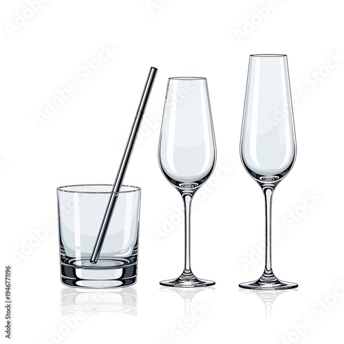 Modern barware set stylish rocks glass with straw, elegant wine goblet, and sleek champagne flute for diverse beverages. Perfect for contemporary drink service