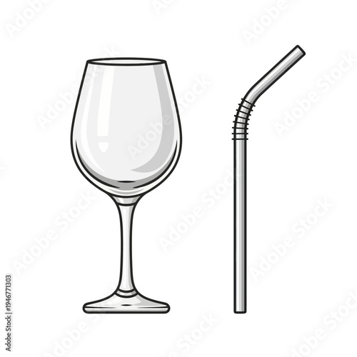 Elegant Line Art Illustration of a Classic Wine Glass and Flexible Drinking Straw for Beverage Concepts and Drinkware Designs, Perfect for Menus and Party Invitations