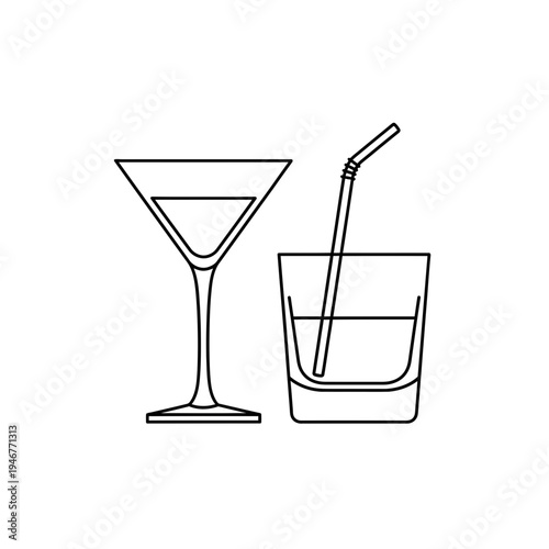 Two outline glasses with drinks and a straw, presented in a clean, minimalist graphic style