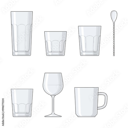 Collection of various drinking glasses and a bar spoon, presented in a clean, minimalist illustration style with thin strokes