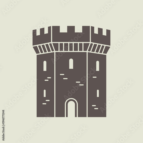 Simplified illustration of a castle tower with battlements and arched doorway