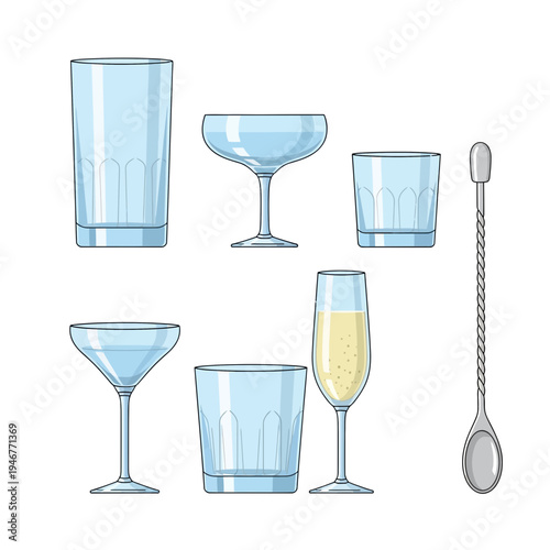 Collection of clear cocktail glasses and bar tools, perfect for beverage and hospitality industry visuals
