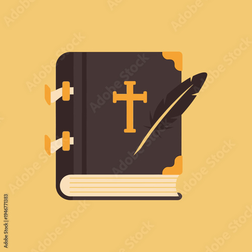 Close-up of a black hardcover book with gold cross and orange clasps.