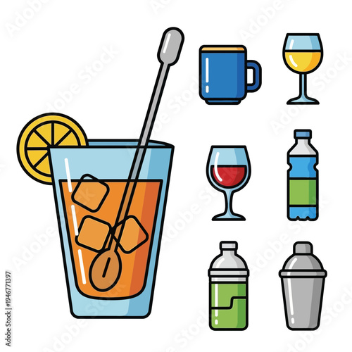 Vector set of diverse editable stroke icons showcasing a variety of barware and drink items, including cocktails, wine, coffee, and water bottles, ideal for beverage menus and web design